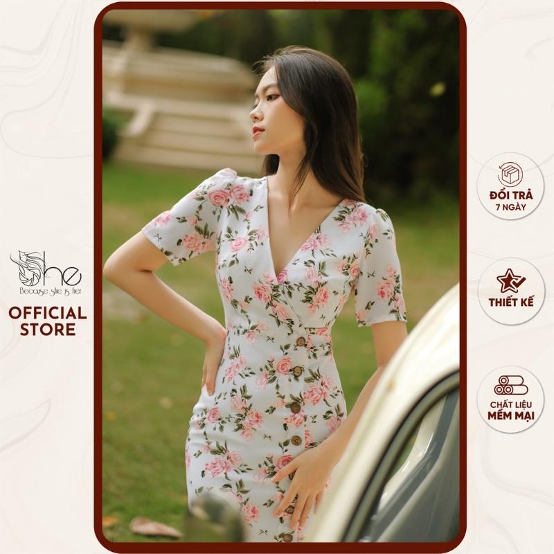 Đầm váy nữ cổ V sang trọng She, Đầm bút chì ôm dáng vải hoa công sở siêu đẹp SDX152
