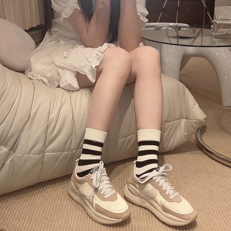 Vớ cotton Cổ Vừa Họa Tiết Kẻ Sọc Màu Xanh Dương Phong Cách Nhật Bản Thời Trang Xuân Hè Cho Nữ