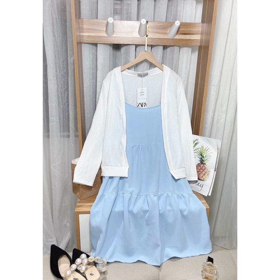 Set 2 món váy 2 dây xanh biển mix áo khoác dài tay ulzzang/ Váy maxi dáng dài kèm áo cardigan style hàn quốc Mophus | BigBuy360 - bigbuy360.vn