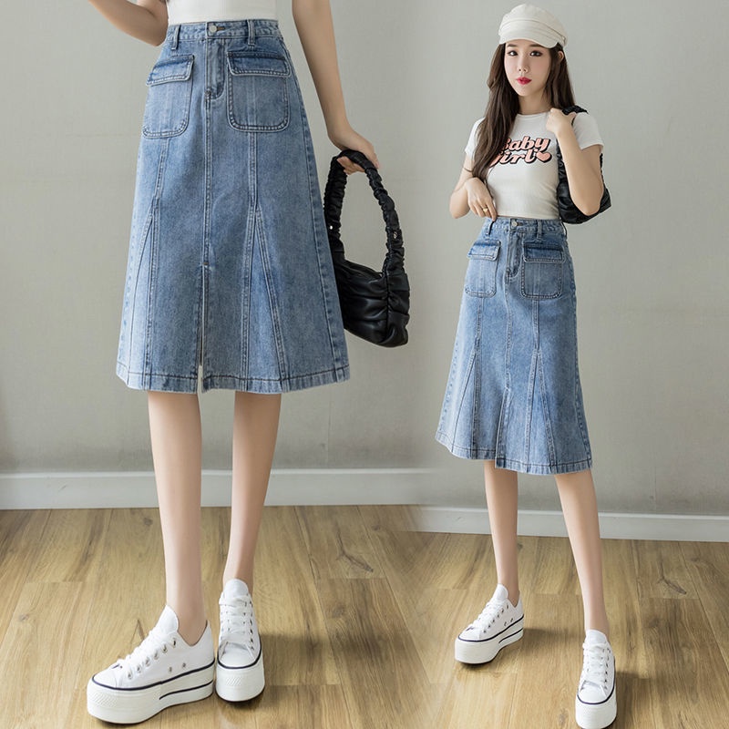 Chân váy denim RENJIANVSHENG dáng chữ A lưng cao phong cách Hàn Quốc thời trang cho nữ