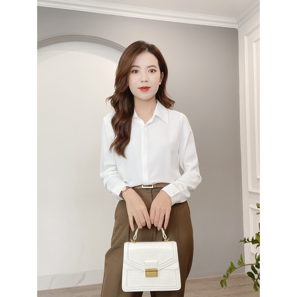 Áo Sơ Mi Trơn Màu Cổ Đức Dài Tay - Thời Trang Nữ Min House