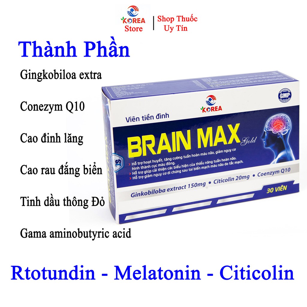 Bổ não BRAIN MAX  gold viên uống bổ não hỗ trợ giảm nguy cơ di chứng sau tai biến do tắc mạch máu não, hộp 30 viên