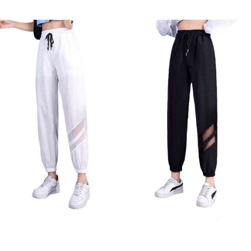 Quần jogger Thể Thao Nữ Tập Gym Yoga Chất Dù Co Giãn Phối 2 Vạch Lưới Xéo