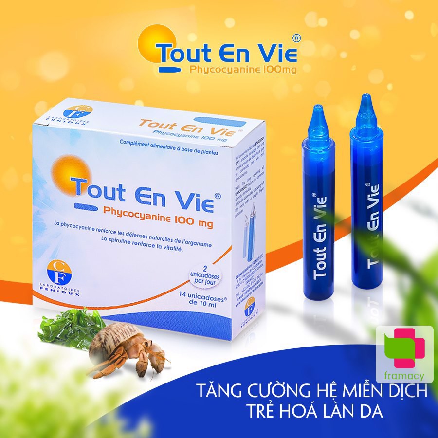 Tảo biển Tout En Vie, Pháp (14 ống dạng nước) kèm vitamin C giúp chăm sóc da, tốt cho huyết áp, tim mạch, tiểu đường