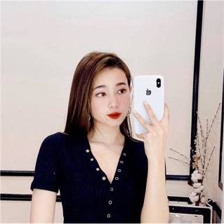 Áo thun croptop cổ tim nút bấm ( kèm video )