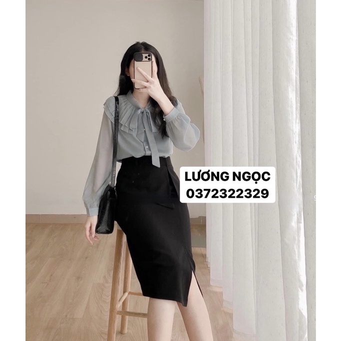 Chân váy bút chì công sở lưng cao vạt che bụng dài qua gối