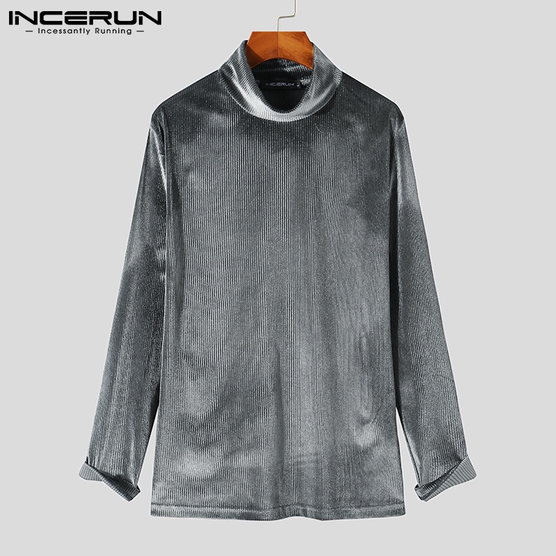 Áo nhung INCERUN tay dài cổ cao màu trơn kẻ sọc cho nam