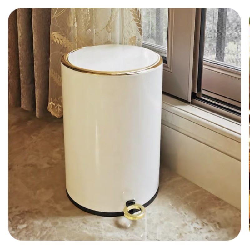 Thùng rác inox viền vàng nắp tròn đạp chân dung tích 8L và 12L