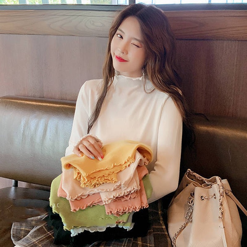 Áo Thun Tay Dài Cổ Cao Màu Trơn Dáng Rộng Thiết Kế Đơn Giản Thoải Mái Cho Nữ