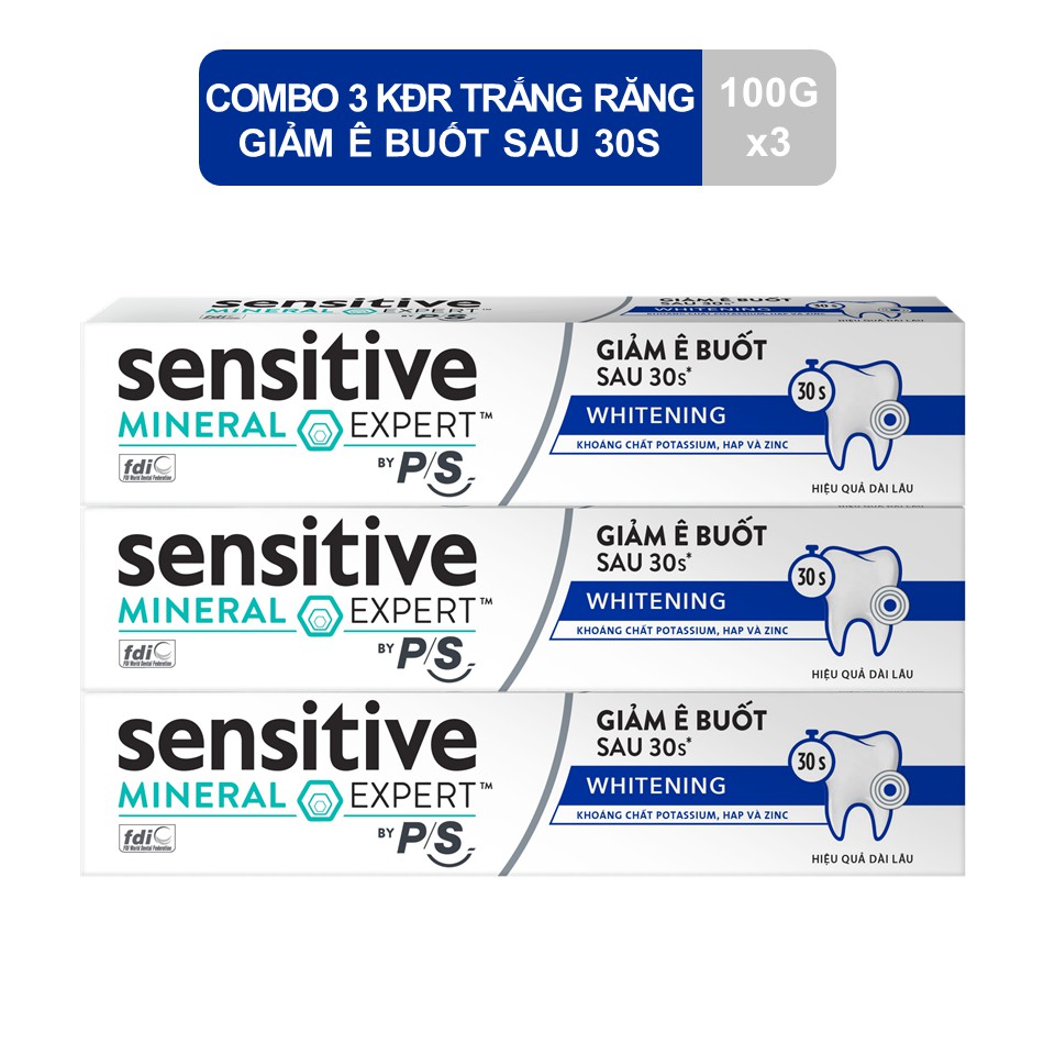 Bộ 3 Hộp Kem đánh răng P/S giảm ê buốt sau 30 giây Sensitive Mineral Expert Whitening với tác động từ khoáng 100g