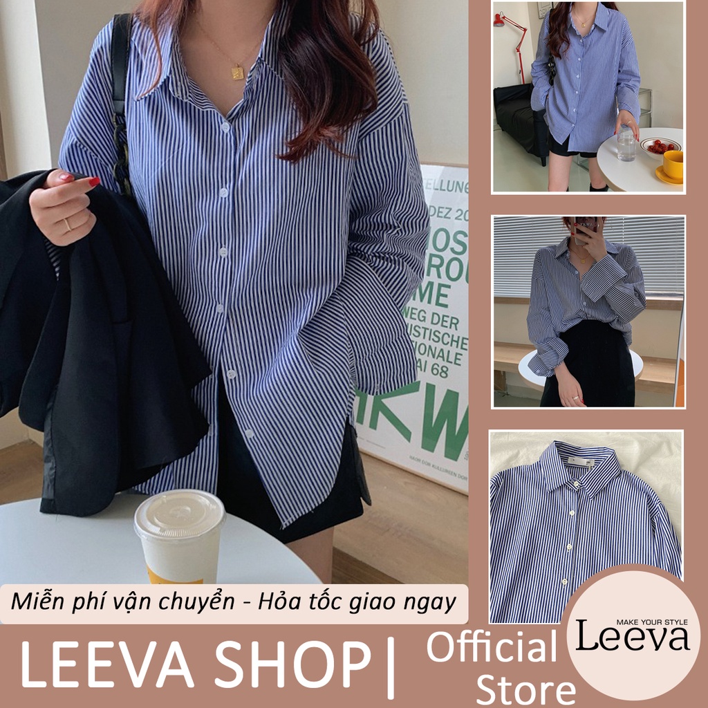 LEEVA - Áo sơ mi nữ phối sọc xanh thanh lịch sang trọng A105