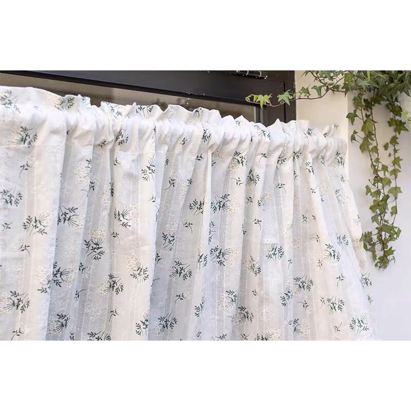 Rèm cửa, rèm che kệ bếp linen thêu hoa xanh lá thơ mộng chống nắng cao cấp, màn vải treo tường trang trí decor cửa