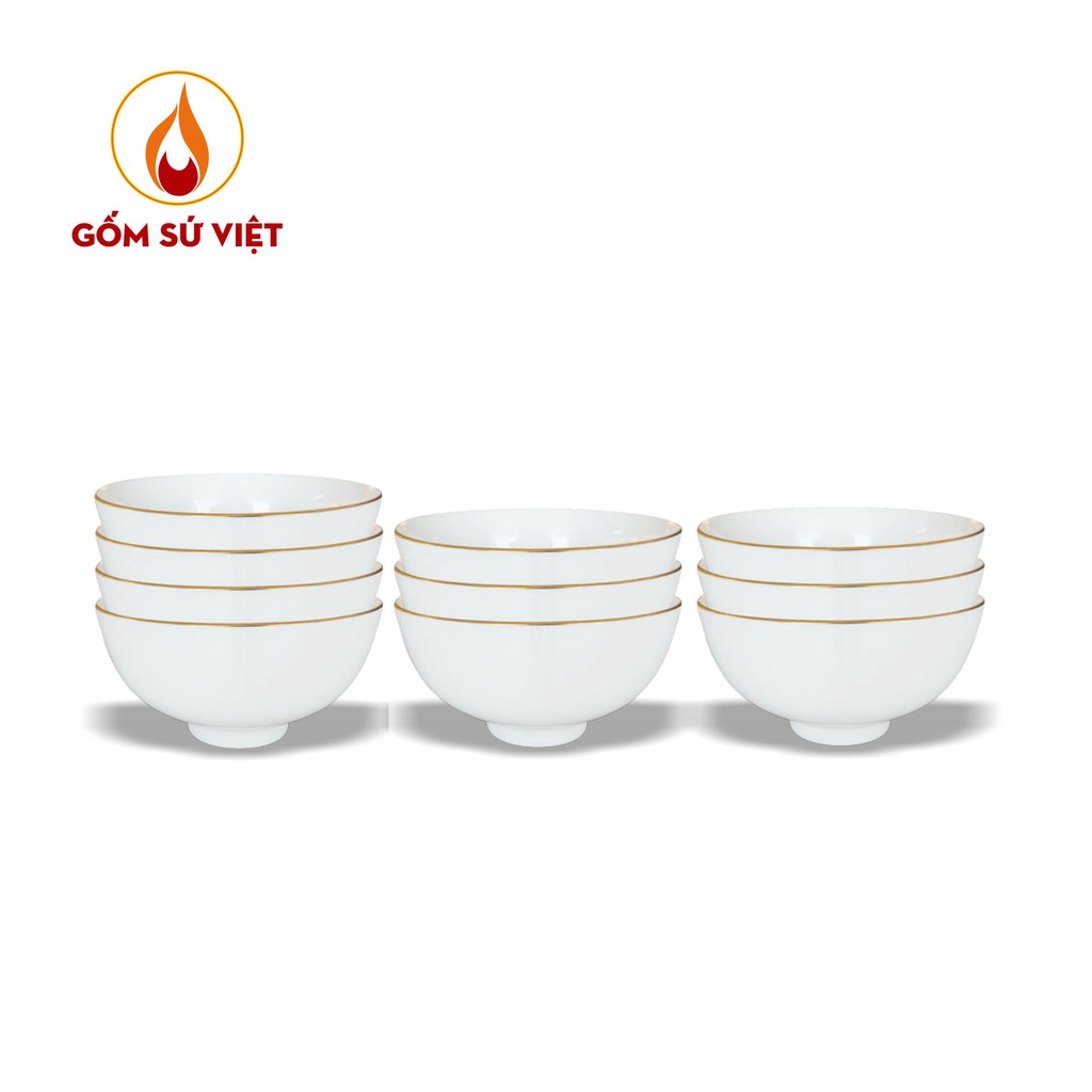 Bộ 10 Chén Kẻ Chỉ Vàng - Sứ Cao Cấp Minh Châu, muỗng sứ