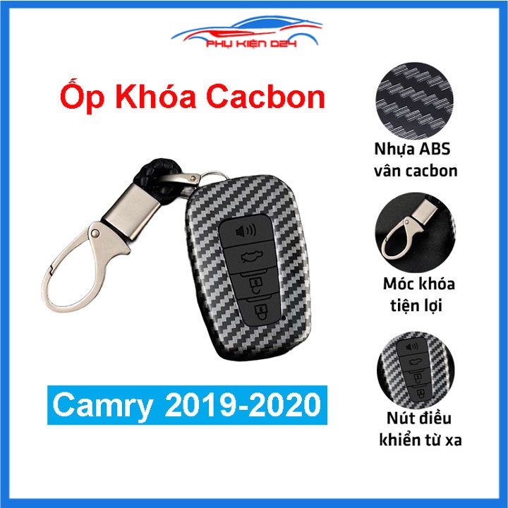 Ốp vỏ bọc chìa khóa xe Camry 2019-2020 sợi nhựa cacbon kèm móc treo Inox