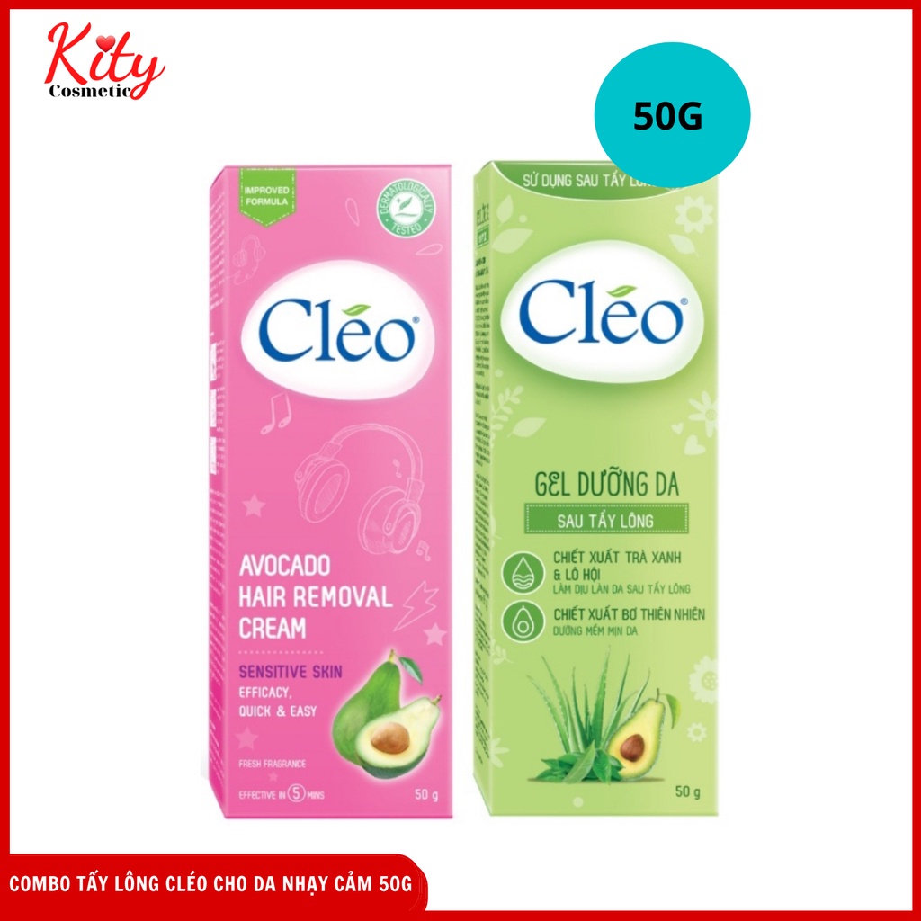Combo kem tẩy lông Cléo Cho da nhạy cảm 50gr + Gel dưỡng da sau tẩy lông Cléo làm dịu da tức thì và dưỡng da ẩm mượt