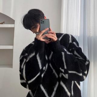 Áo Sweater Dệt Kim Vải Lông Dày Dáng Rộng Sọc Ca Rô Phong Cách Hàn Quốc Thời Trang Thu Đông 2023 TF1