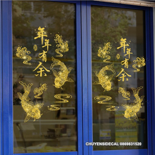 Decal trang trí tường Tết - Cá Chép Nhũ kim tuyến vàng
