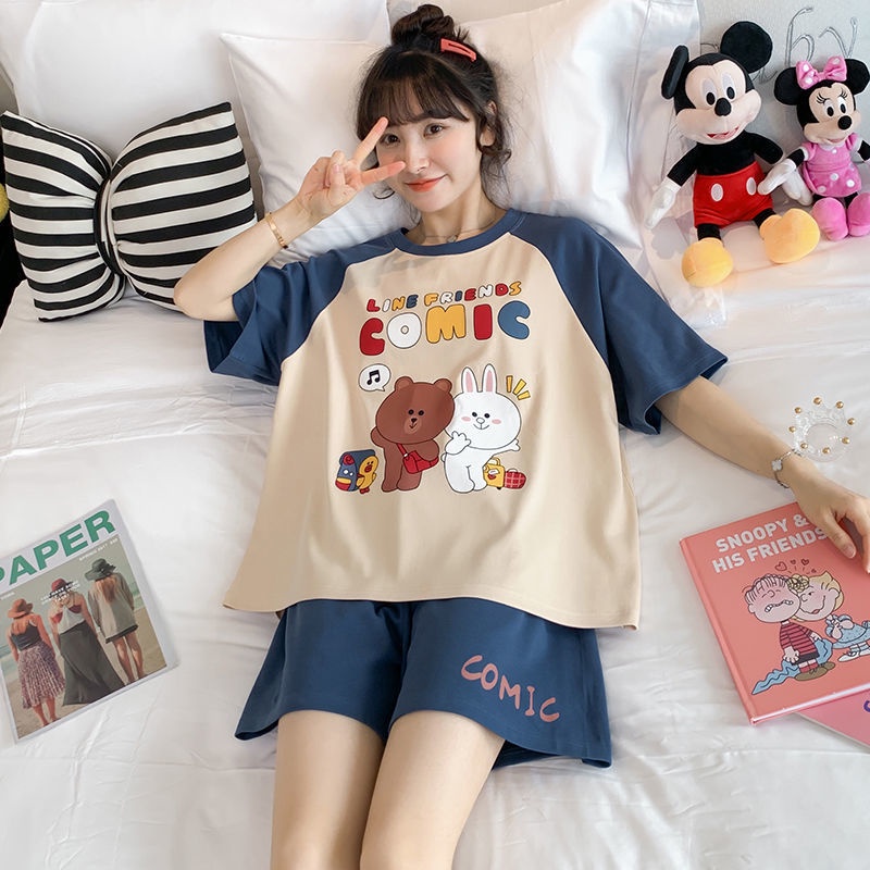 Bộ Đồ Ngủ Tay Ngắn Dáng Rộng Phong Cách Hàn Quốc Dễ Thương Thời Trang Mùa Hè Cho Nữ