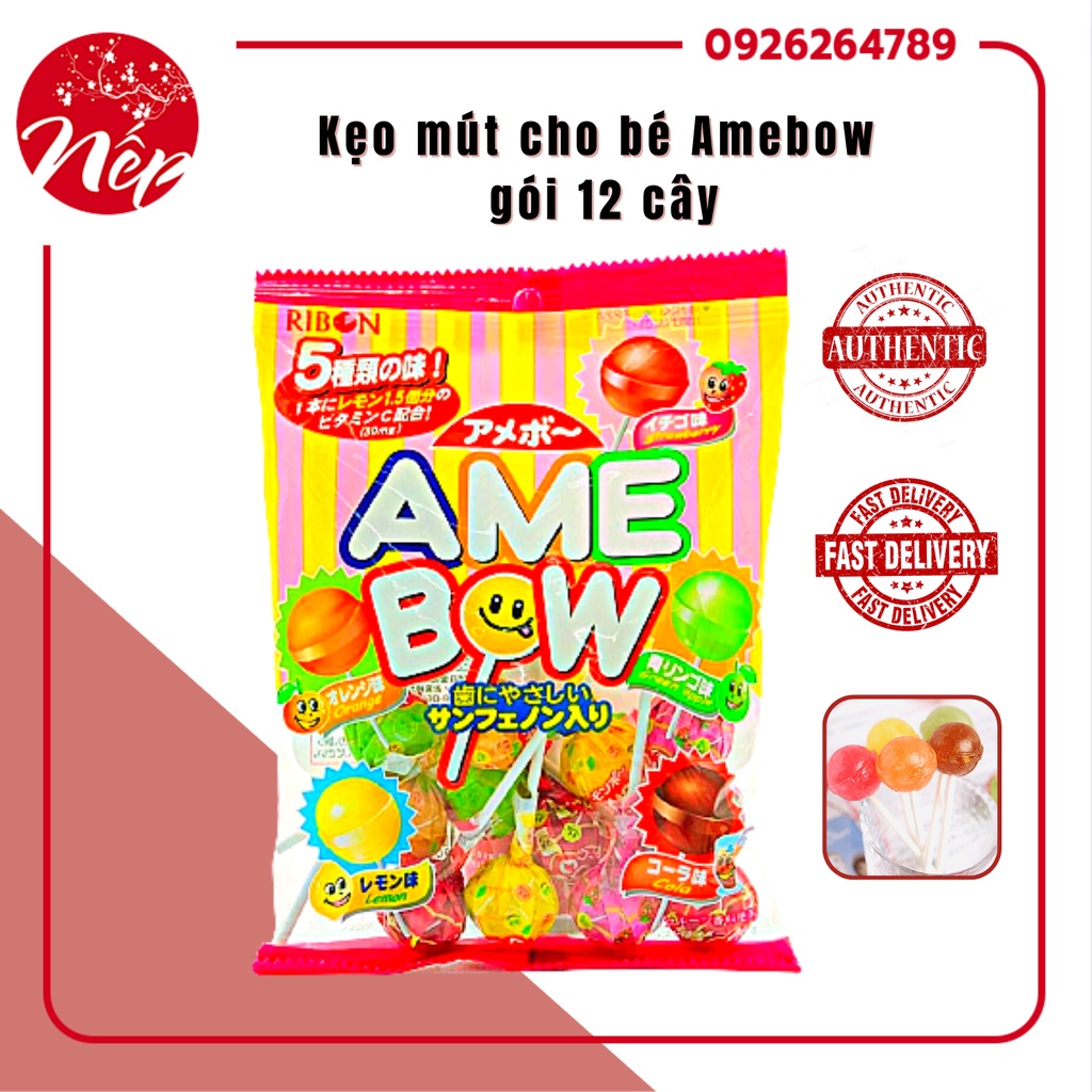 Kẹo mút cho bé Amebow, gói 12 cây (Date: 2023)