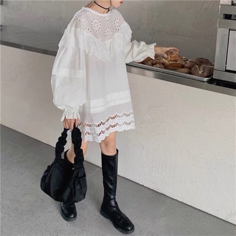 Đầm sơmi tay phồng phối ren