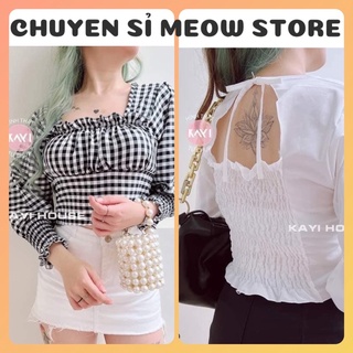 Áo kiểu cổ vuông tay bồng cột dây nơ sau lưng