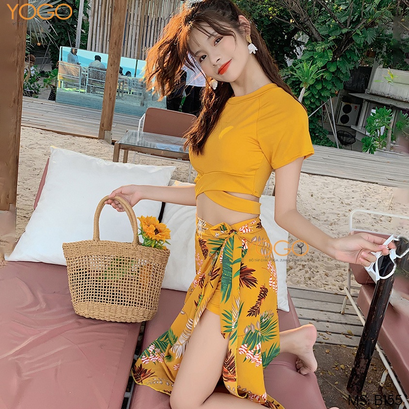 Bikini Đồ Bơi Nữ 2 Mảnh Áo Cộc Tay Croptop Có Đệm Ngực Quần Kèm Chân Váy Voan Họa Tiết Lá Dứa Trẻ Trung Mùa Hè YOGO B155