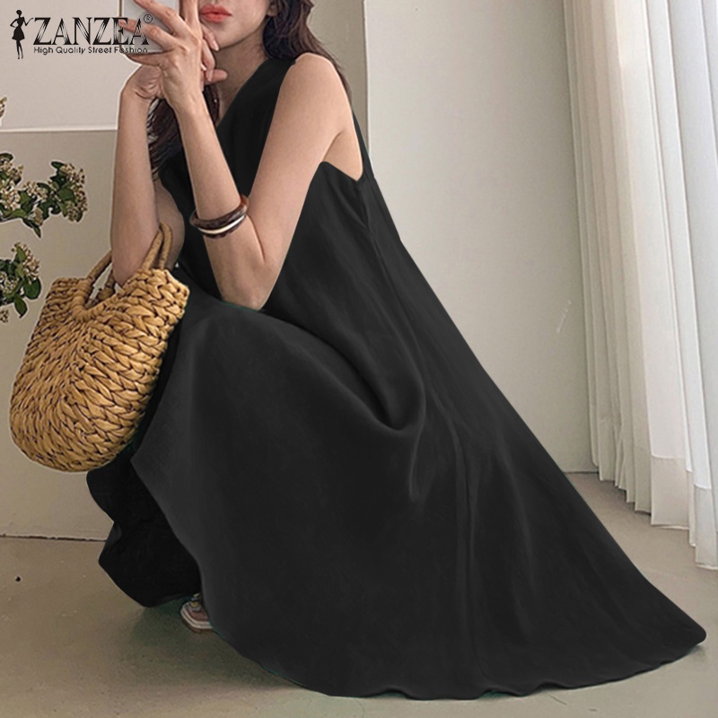 Đầm mini Zanzea không tay cổ tròn cài nút sau lưng màu trơn kiểu vintage cho nữ