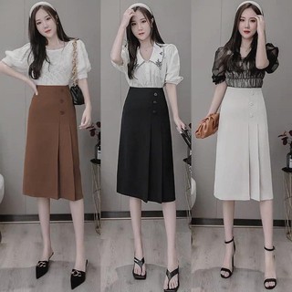 Chân váy xếp ly lửng, chân váy xếp ly lưng cao phối 3 cúc - Chất vải tuyết mưa dày dặn - 3 màu Đen, Kem, Trắng