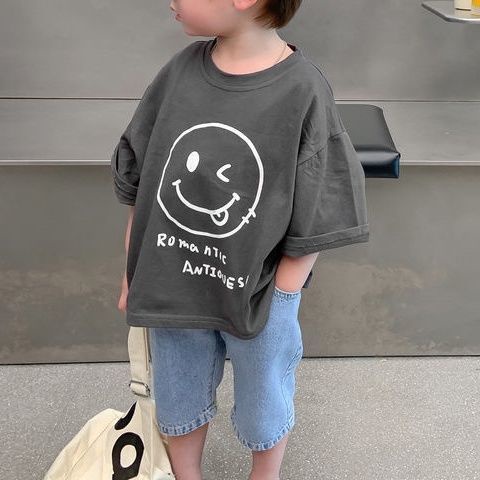 Áo Thun Cotton Tay Ngắn Cổ Tròn In Hình Mặt Cười Phong Cách Hàn Quốc Thời Trang Mùa Hè Mới Cho Bé Trai 0720