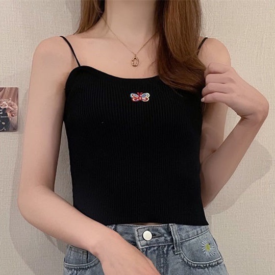 Áo Hai Dây Dệt Kim Màu Trơn Che Bụng Thời Trang Cho Nữ