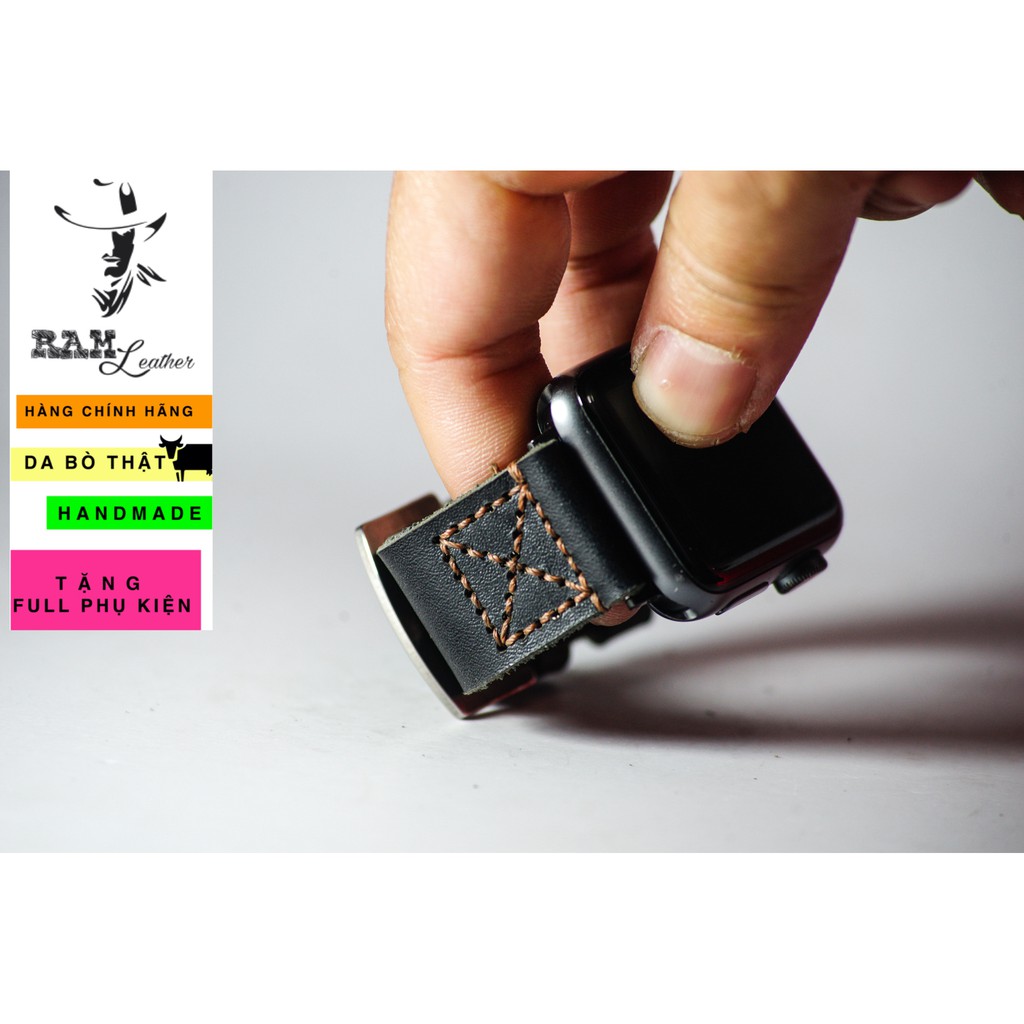 Dây apple watch da bò đen handmade bền chắc cực đẹp kiểu phi công RAM Leather simple X Pilot - tặng khóa chốt và adapter