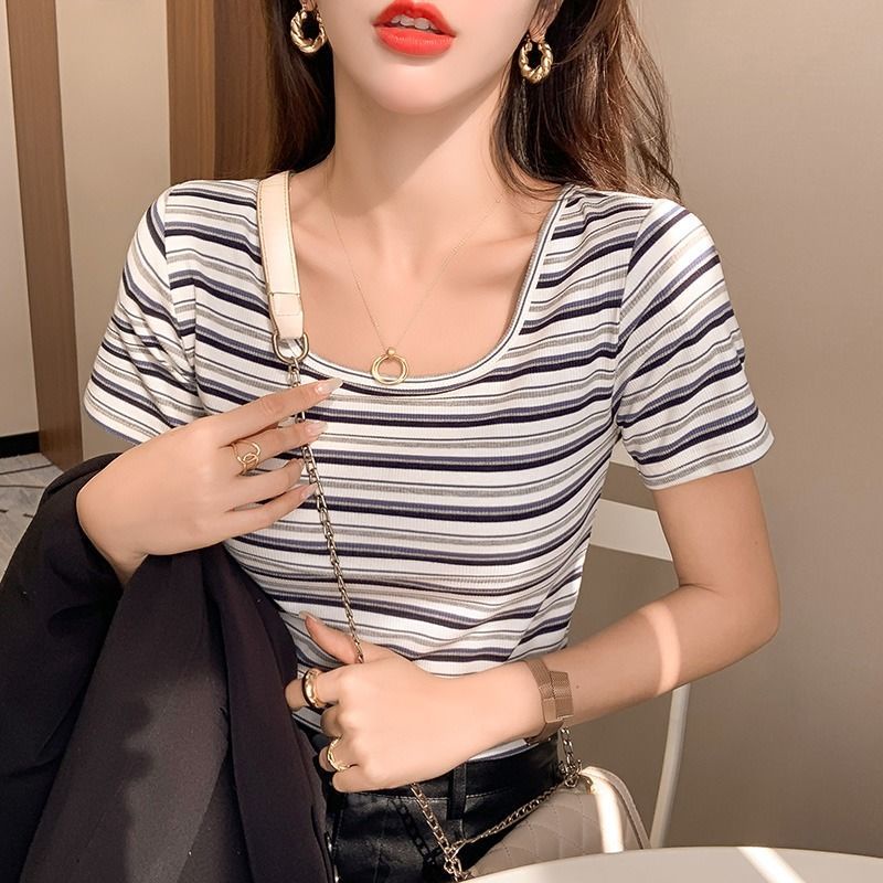Áo Thun Cotton Cổ Vuông Ngắn Tay Họa Tiết Kẻ Sọc Thời Trang Mùa Hè Hàng Mới Dành Cho Bạn Nữ 2022