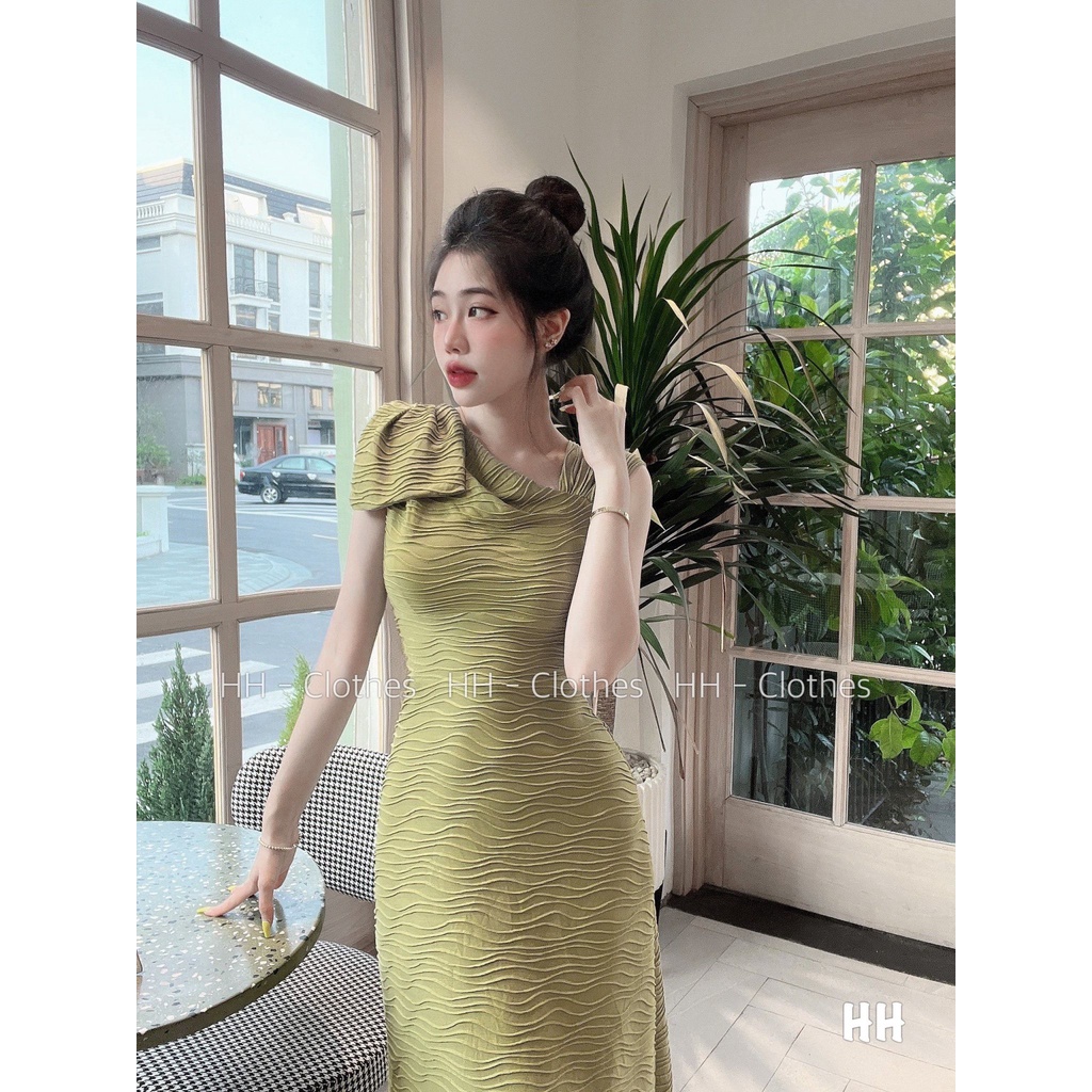 Váy xốp sóng lệch vai nơ