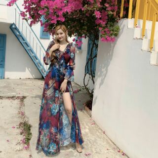(free chỉnh sửa váy) đầm maxi von hoa cổ V tay dài váy xẻ tà, đầm maxi hoa màu tối đi biển du lịch chụp ảnh sống ảo