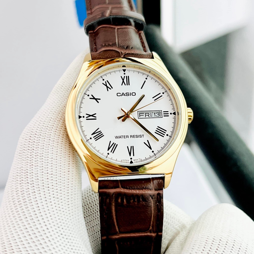 Đồng hồ nam nữ dây da Casio V006GL-7B Mặt trắng viềng vàng - Kính khoáng chống nước Bảo hành 1 năm Hyma watch