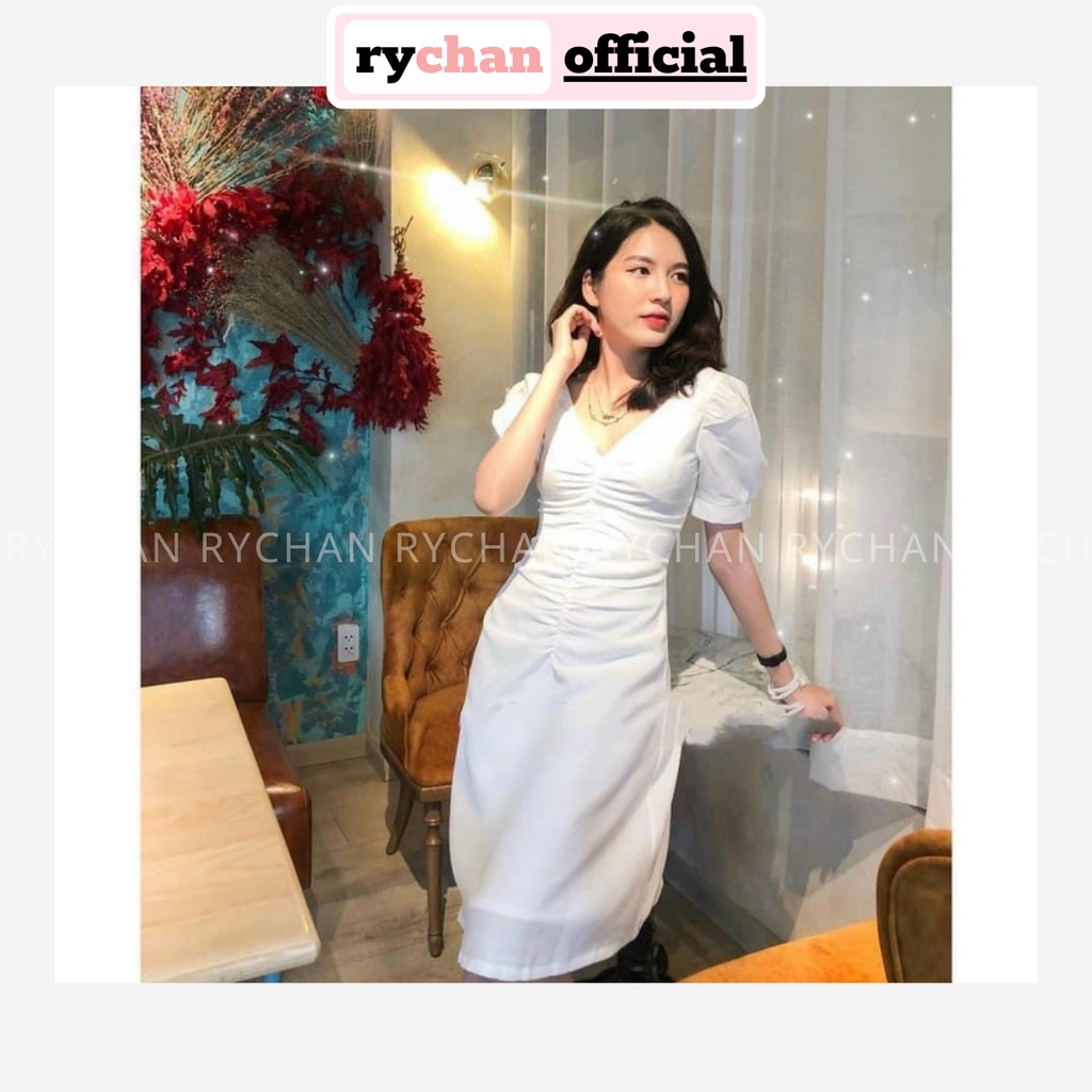 Đầm Xòe Midi Cổ V Tay Phồng 2 Màu Thanh Lịch - DX0064