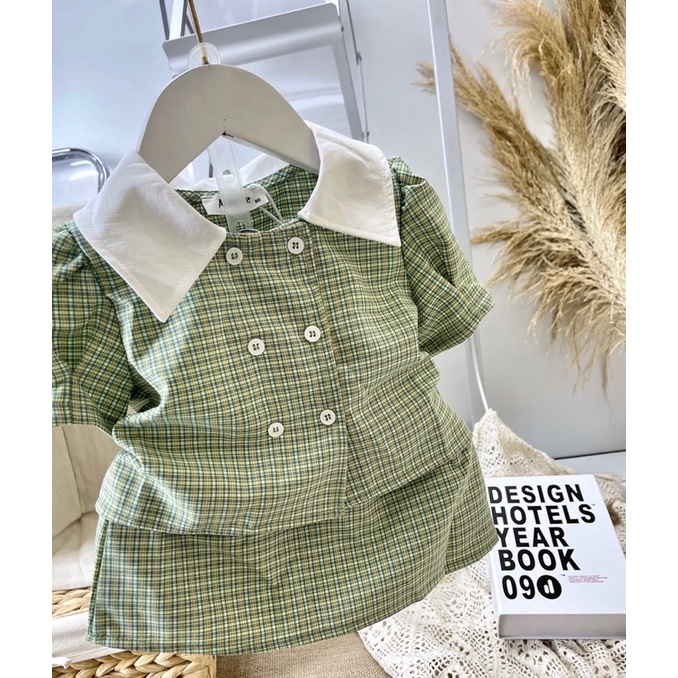 Set áo váy kẻ xanh tiểu thư