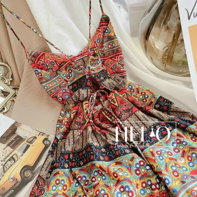 Đầm maxi thổ cẩm _ Họa tiết _ HE079