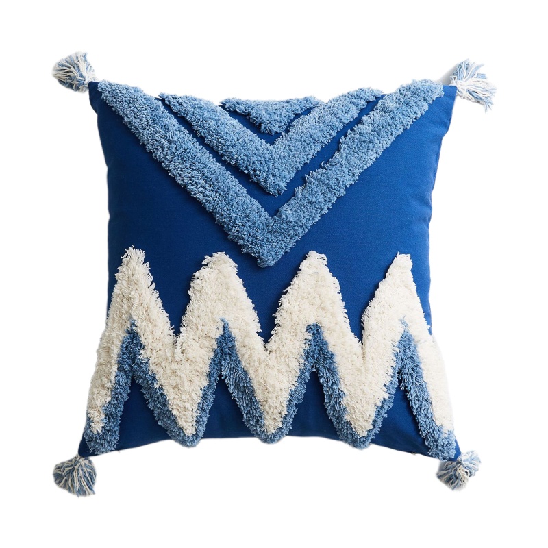 Xiangbao Vỏ Gối Dệt Kim Họa Tiết Kim Cương Hình Học Màu Trắng Xanh Lam Phối Tua Rua Trang Trí Zig Zag Phong Cách Boho