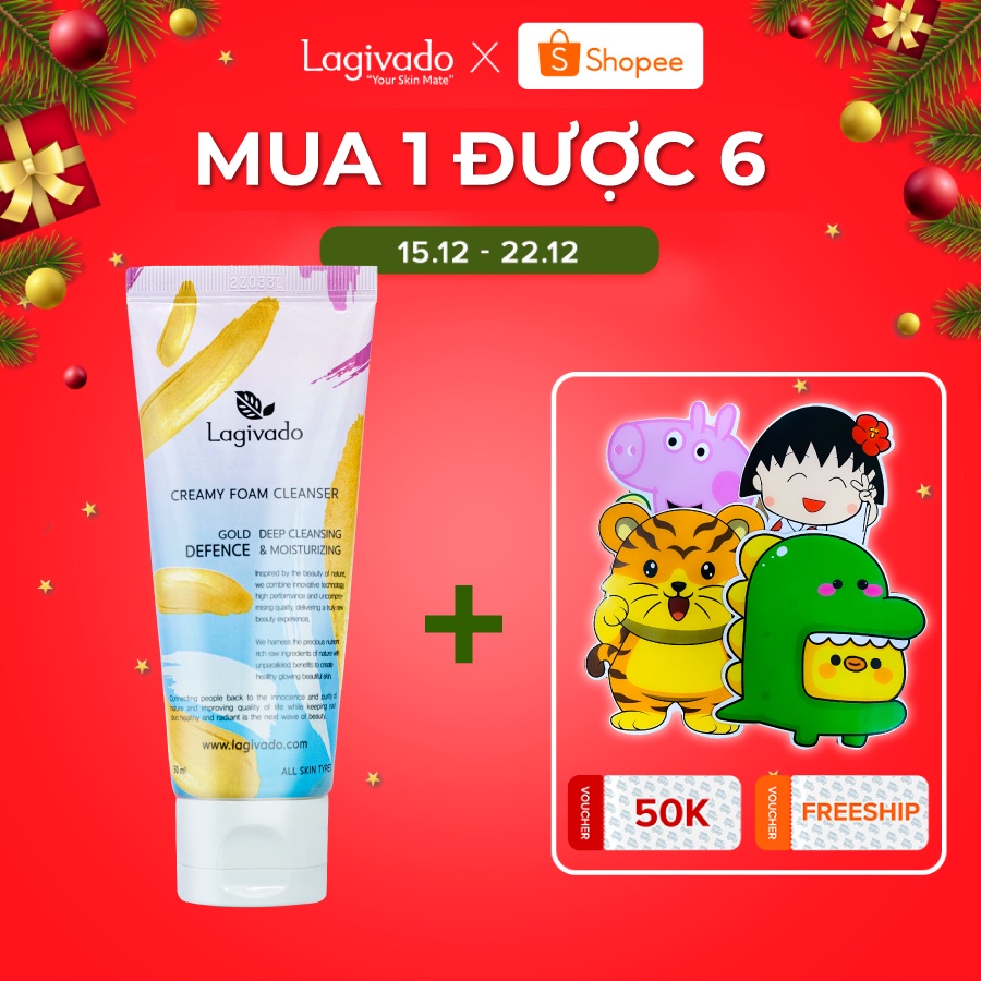 Sữa rửa mặt trắng da Hàn Quốc Lagivado không làm khô, căng da dành cho cả da dầu mụn, nhạy cảm Creamy Foam Cleanser 50ml