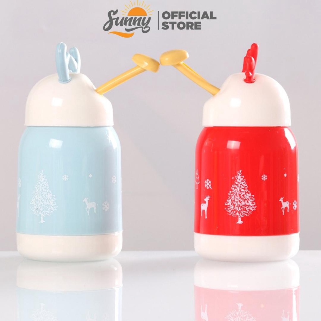 Bình nước giữ nhiệt tai hươu cute lõi thuỷ tinh bọc nhựa dung tích 380ml decor bàn học BN14