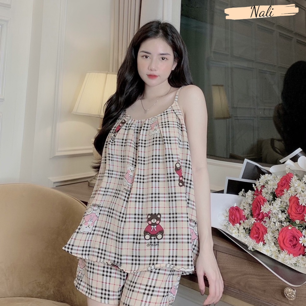 Bộ pijama lụa mango cao cấp, bộ pyjama 2 dây quần đùi hoạ tiết quả dâu dễ thương DN02