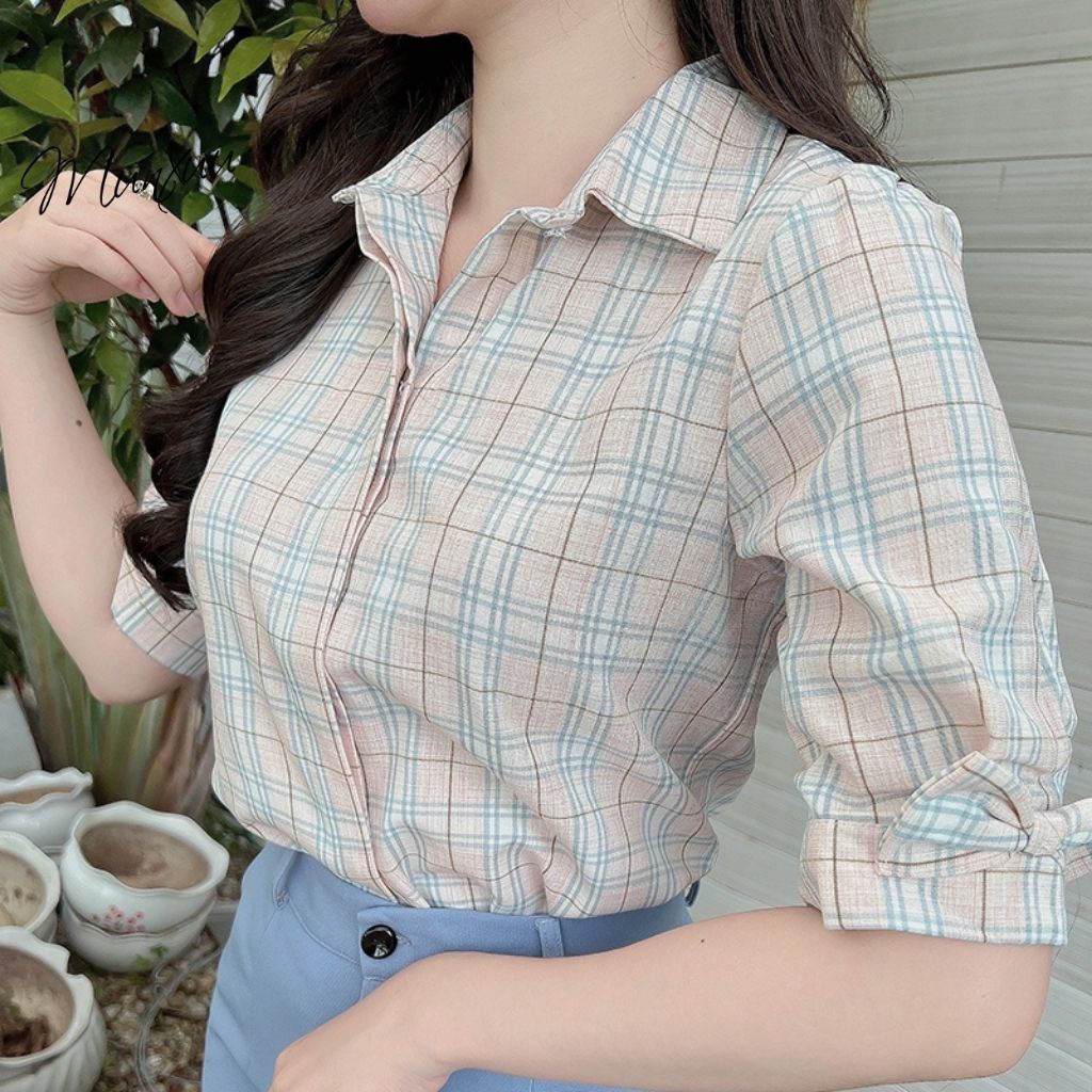Áo sơ mi nữ kẻ caro Munxuu, cổ V tay ngắn phối nơ, thiết kế kiểu giấu cúc thanh lịch nhẹ nhàng - BS07
