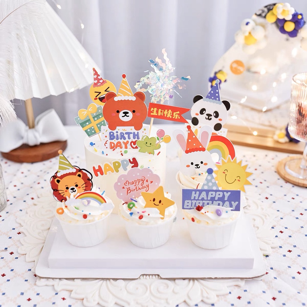 Set 7 que cắm giấy HPBD gấu trúc + thỏ + sư tử