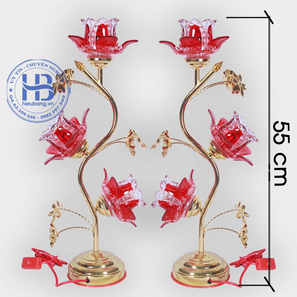 Đèn thờ điện led pha lê 3 bông 55cm Đỏ