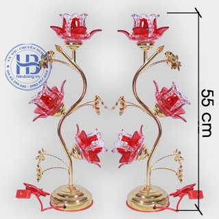 Đèn thờ điện led pha lê 3 bông 55cm Đỏ