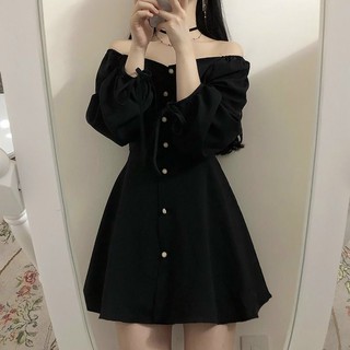 Đầm váy freesize đen nút tròn tay dài