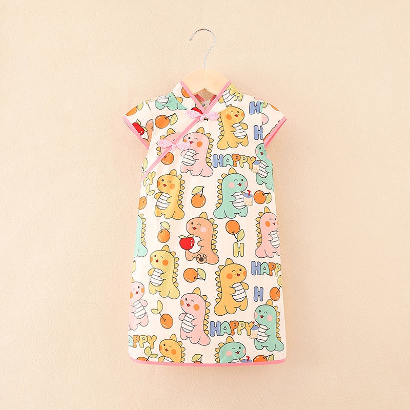 Đầm Sườn Xám Ngắn Tay Họa Tiết Hoạt Hình Thời Trang Mùa Hè Dành Cho Bé Gái