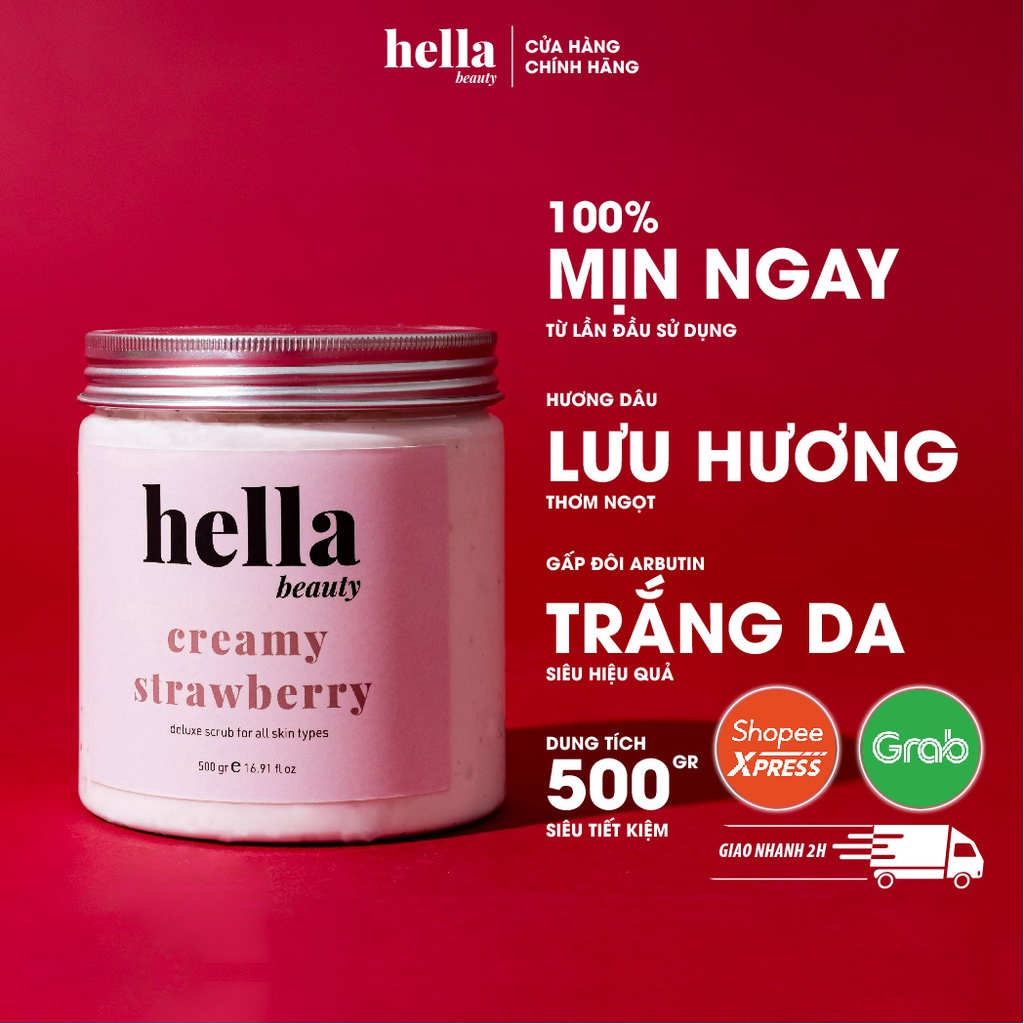 Tẩy Tế Bào Chết Body Kem Dâu 500G Hella Beauty Dành Cho Da Nhạy Cảm Giúp Mờ Thâm, Dưỡng Trắng Da Toàn Thân