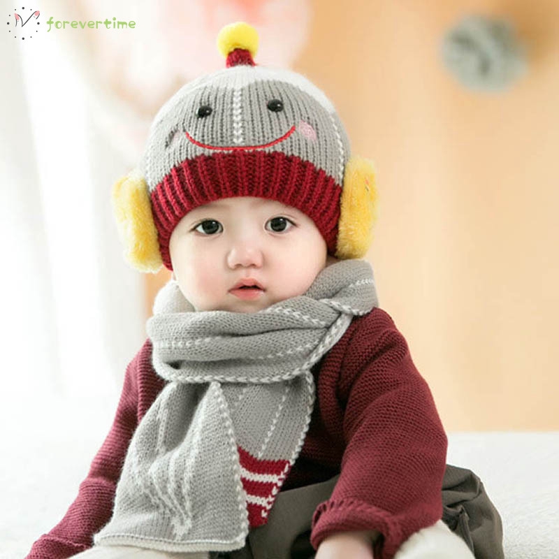 ☞mũ☜ Baby Boys Girls Knitted Hat + Scarf Smile Face Winter Warm Beanie Cap Hats Scarf Set